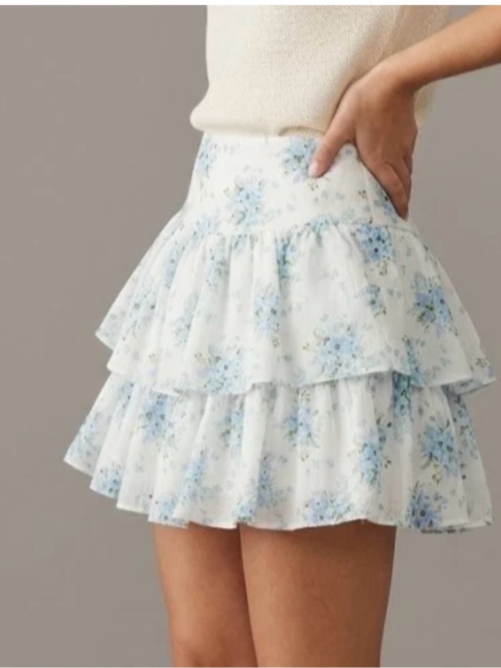 Altar'd State White Mini Skirt with Light Blue Floral Ruffles
